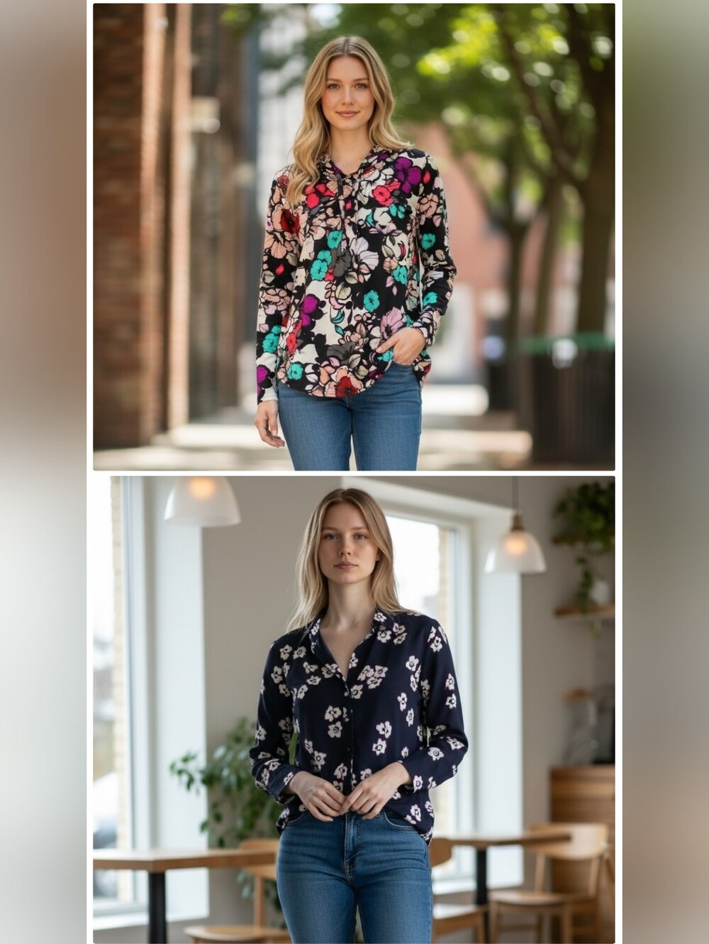Two For $20 Express Black Floral Long-Sleeve Blouse with Multi-Color Blooms